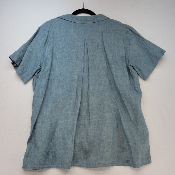 Eileen Fisher Shirt Womens Large Blue Organic Linen Short Sleeve Button Down - Picture 2 of 7